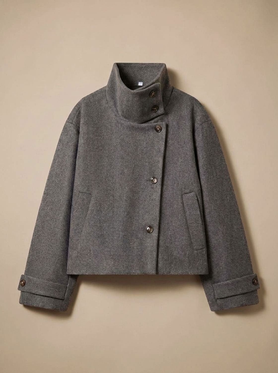 Korte Dames Mantel in Wollook met Opstaande Kraag en Knoopsluiting 7