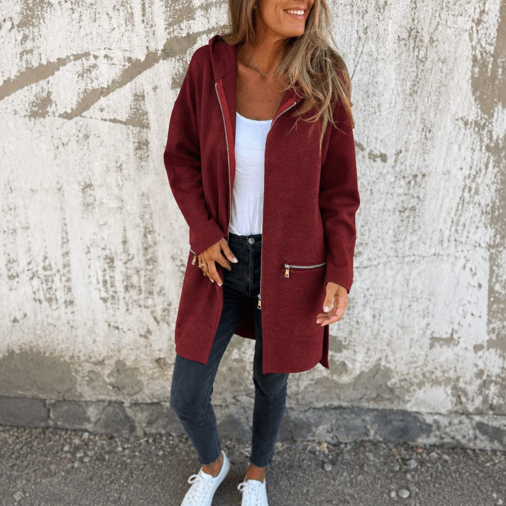Lang Cardigan med Hætte Dame, Hættecardigan med Lynlås 7