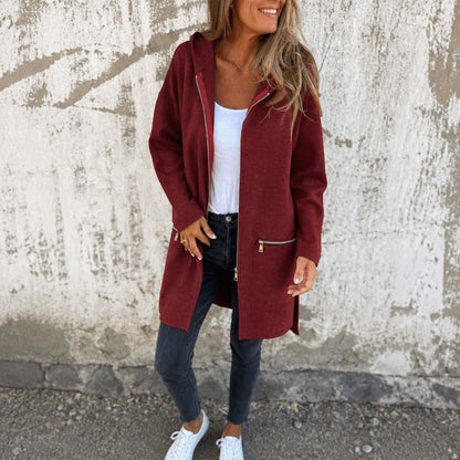 Lang Cardigan med Hætte Dame, Hættecardigan med Lynlås 7