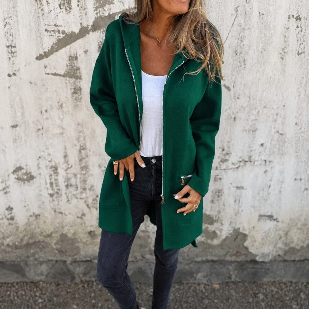 Lang Cardigan med Hætte Dame, Hættecardigan med Lynlås 8