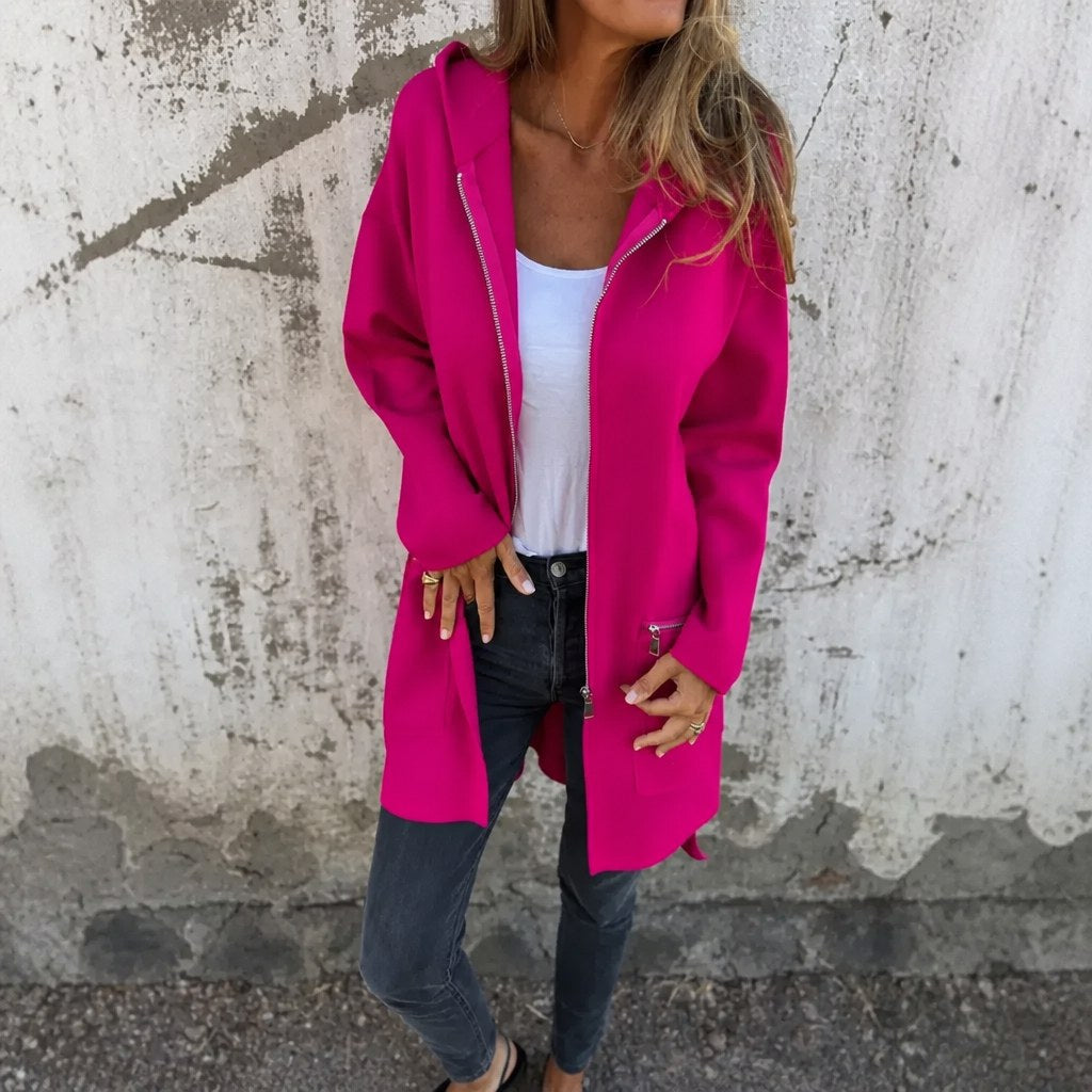 Lang Cardigan med Hætte Dame, Hættecardigan med Lynlås 3