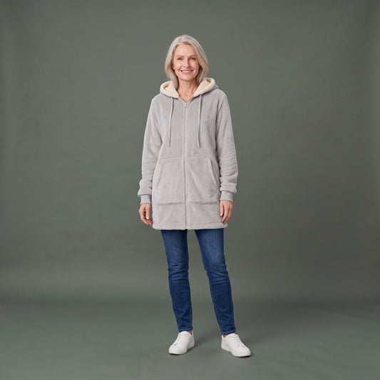 Lang Fleece Hoodie til Kvinder, Fleecetrøje med Lynlås i Oversize Pasform