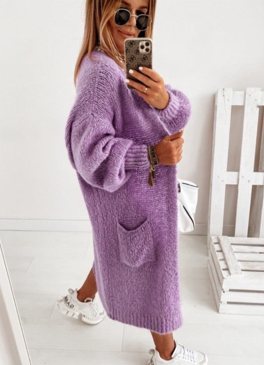 Lang Strikket Cardigan Dame, Grovstrik med Store Lommer 2