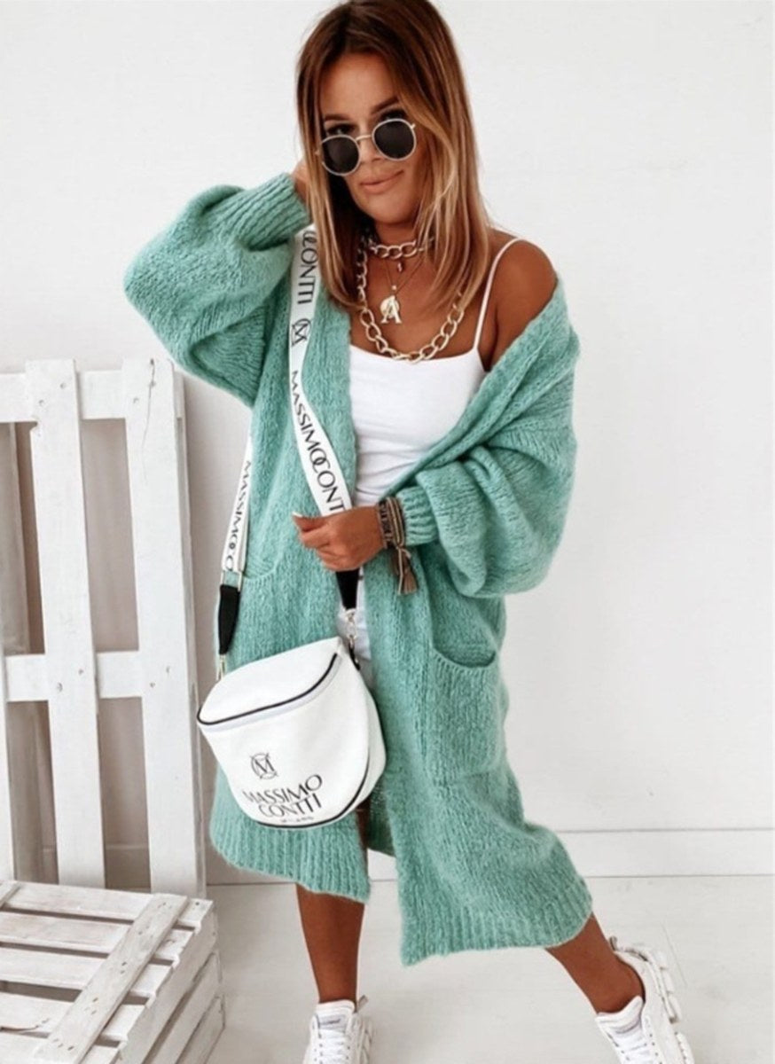 Lang Strikket Cardigan Dame, Grovstrik med Store Lommer 3
