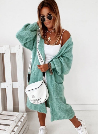 Lang Strikket Cardigan Dame, Grovstrik med Store Lommer 3