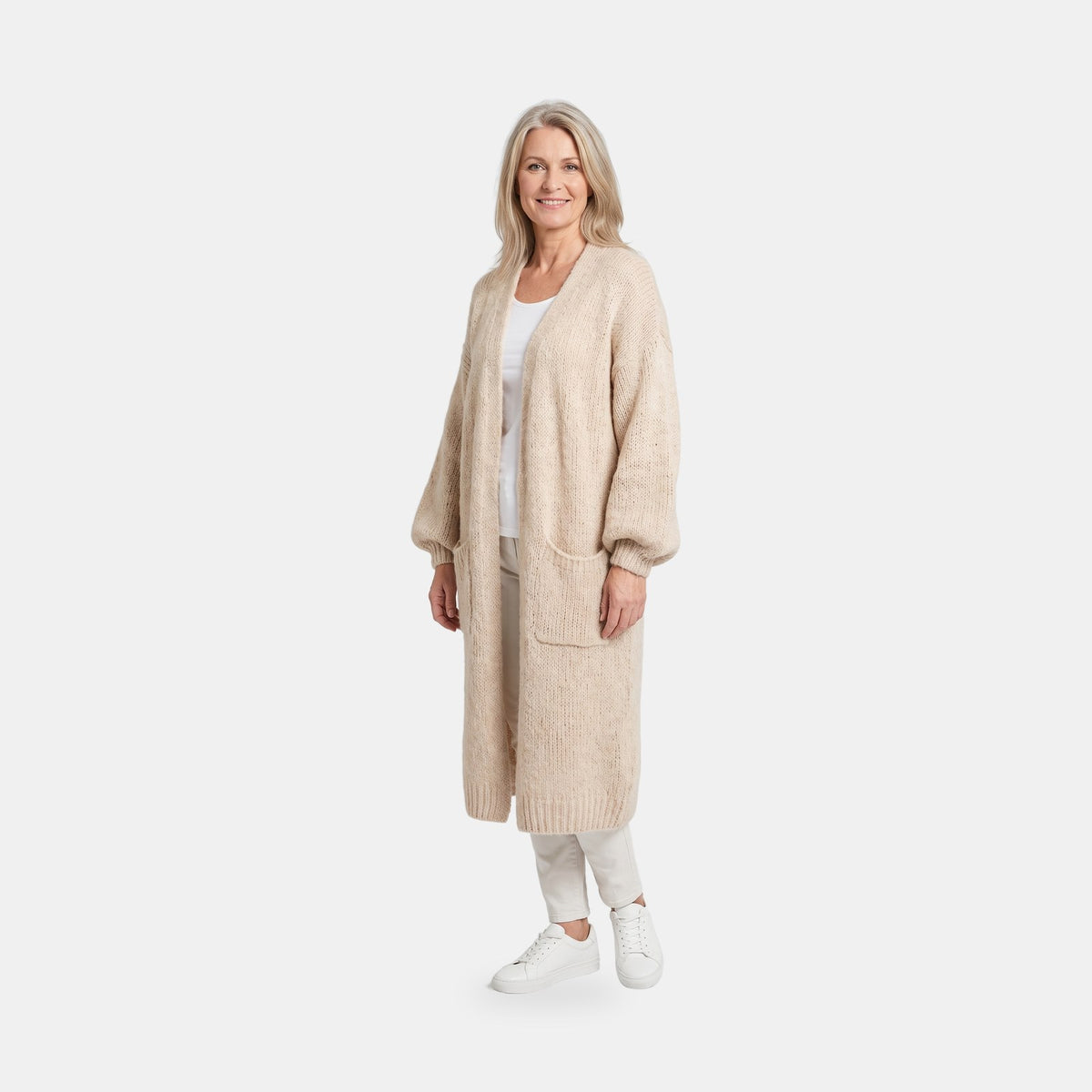 Lang Strikket Cardigan Dame, Grovstrik med Store Lommer 1