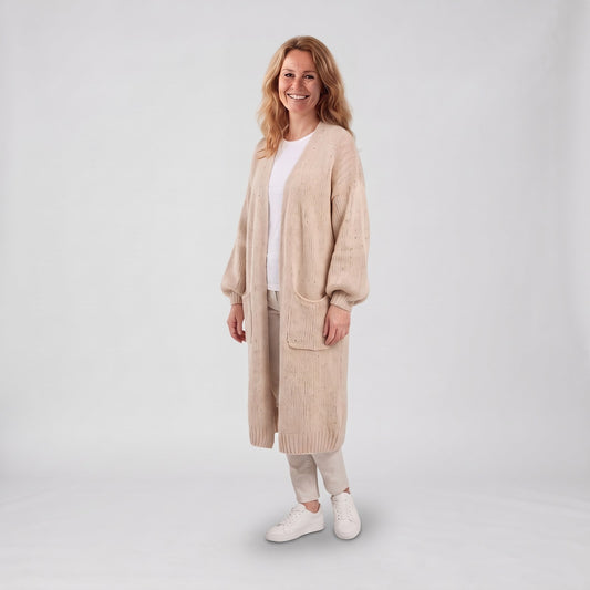 Lange Grofgebreide Cardigan met Zakken en Ballonmouwen