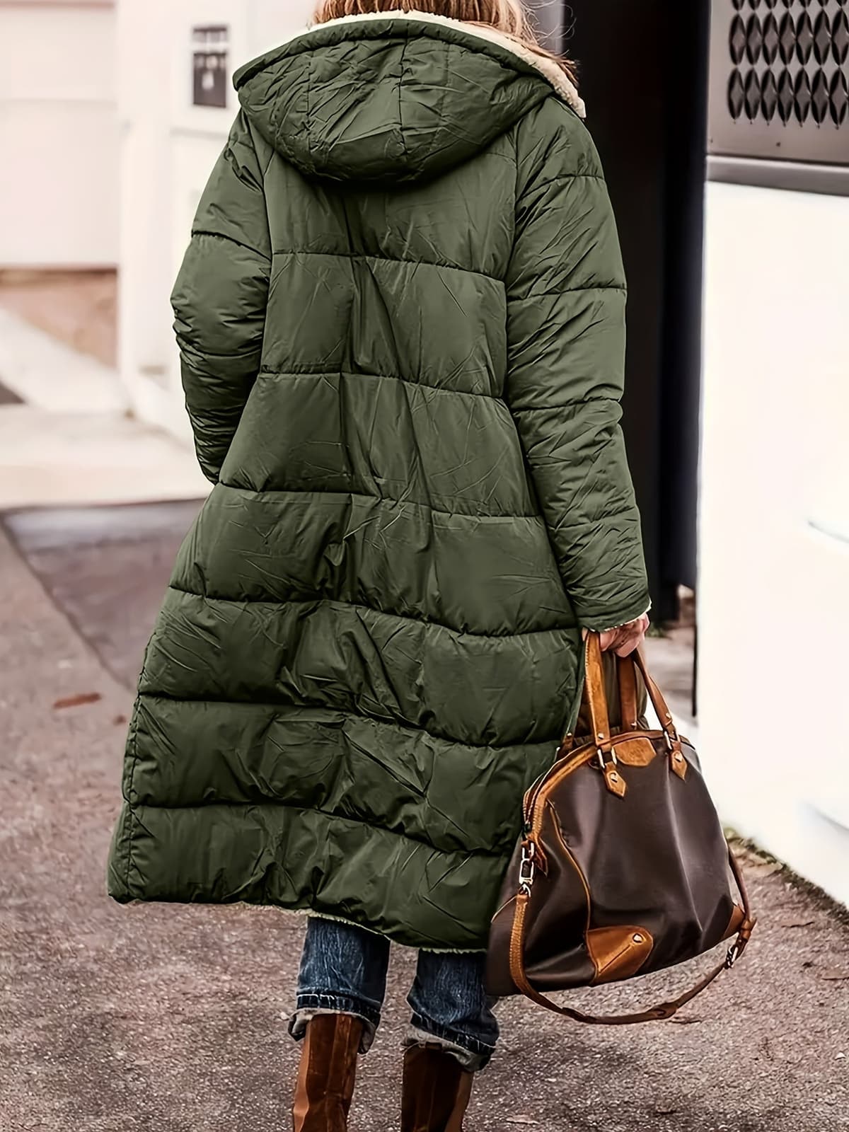 Lang Vinterjakke Dame med Teddyfór, Hætte og Quiltning 6