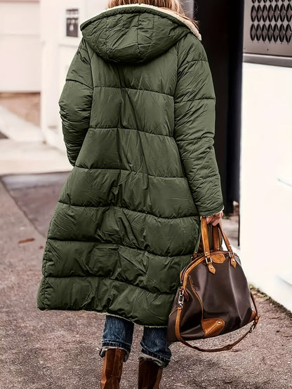 Lang Vinterjakke Dame med Teddyfór, Hætte og Quiltning 6