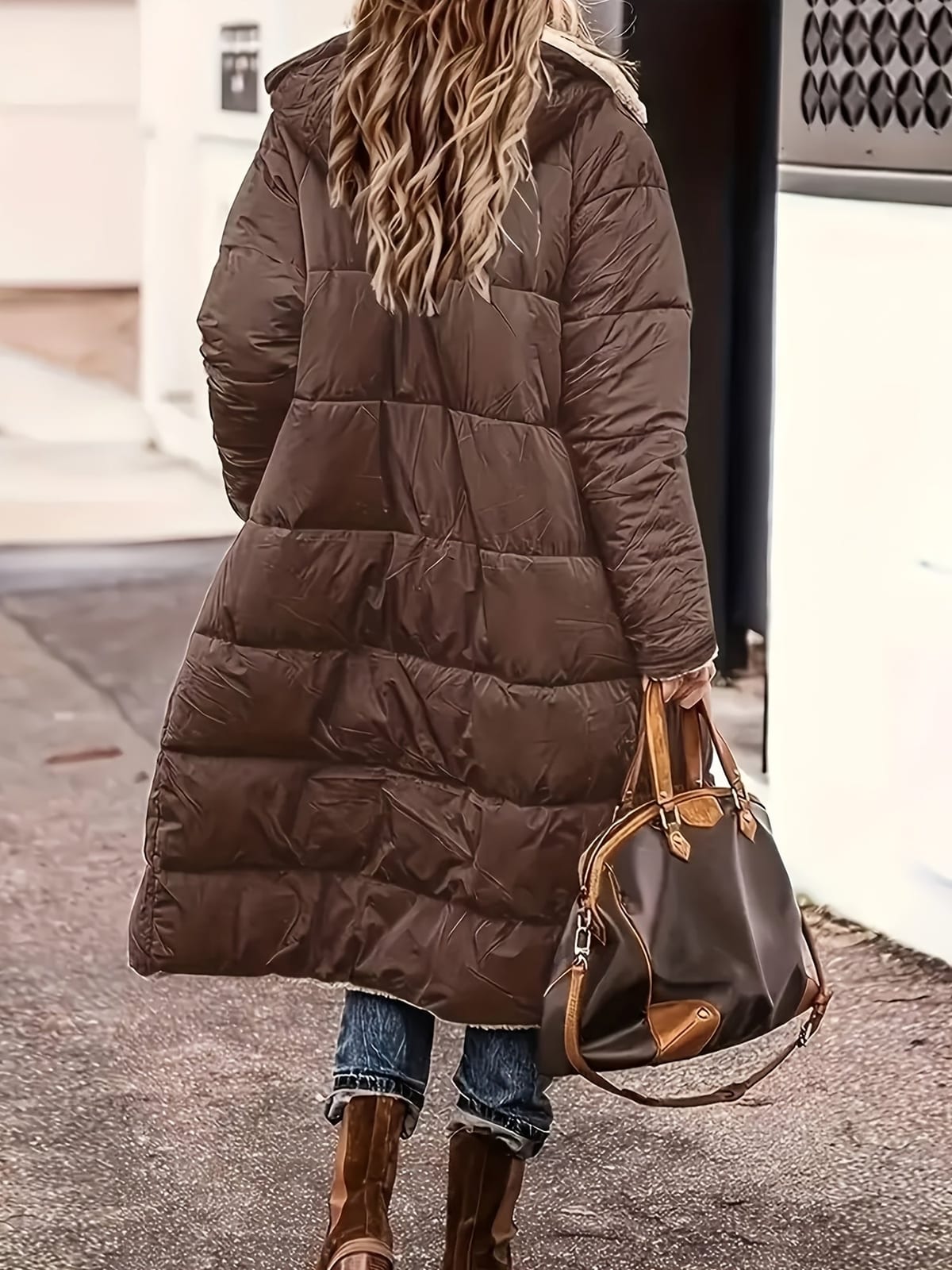 Lang Vinterjakke Dame med Teddyfór, Hætte og Quiltning 8