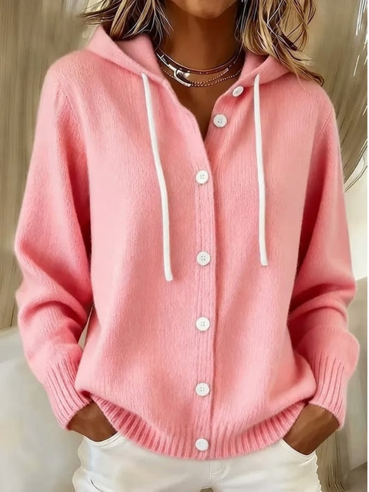 Cardigan voor dames met capuchon in roze zacht breisel met witte koordjes en witte knopen 3