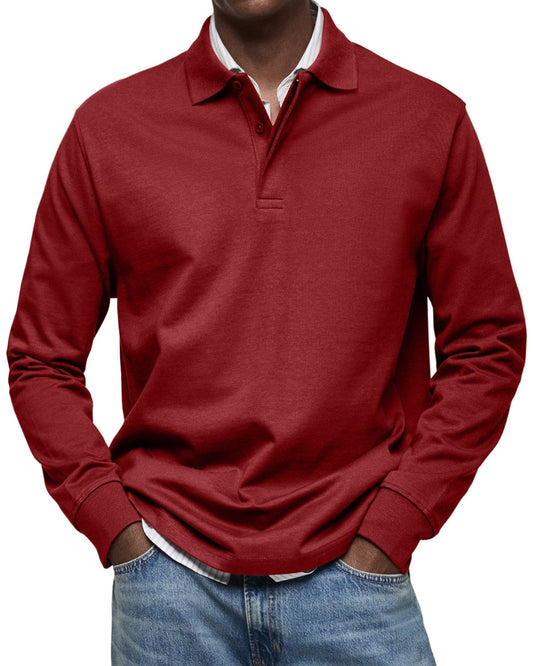 Casual Polo met Lange Mouwen voor Heren met Korte Knoopsluiting en Ribmanchetten