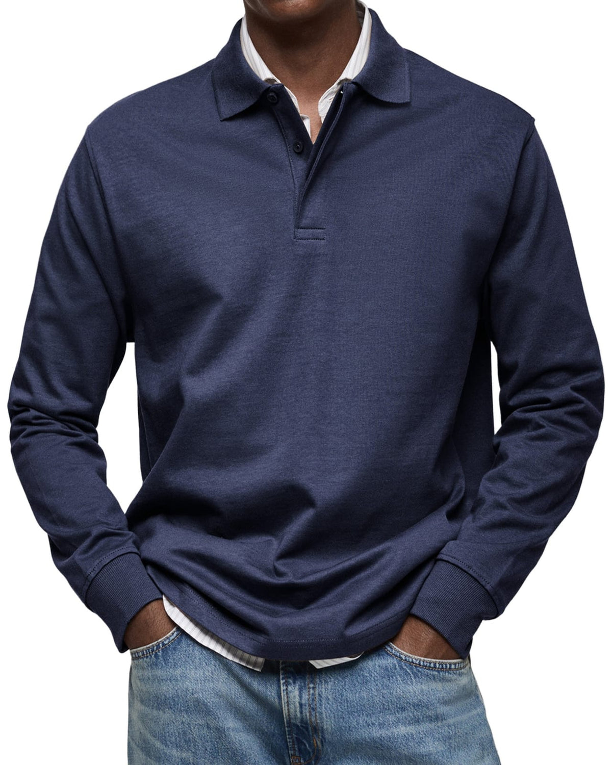 Casual langærmet polo til herre med kort knaplukning, marineblå