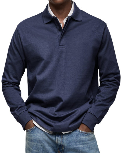 Casual langærmet polo til herre med kort knaplukning, marineblå
