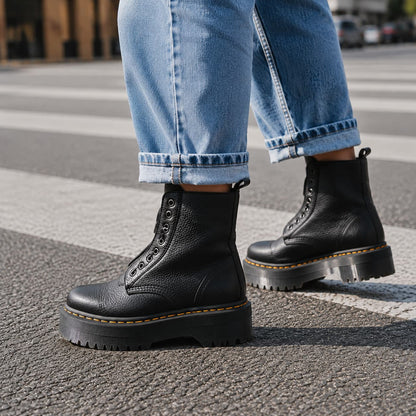 Leather Boots, Læderstøvler Dame med Plateausål og Lynlås 4
