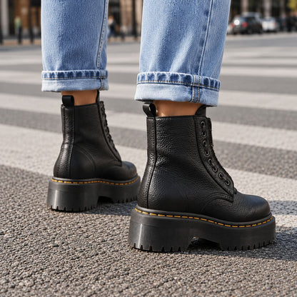 Leather Boots, Læderstøvler Dame med Plateausål og Lynlås 6