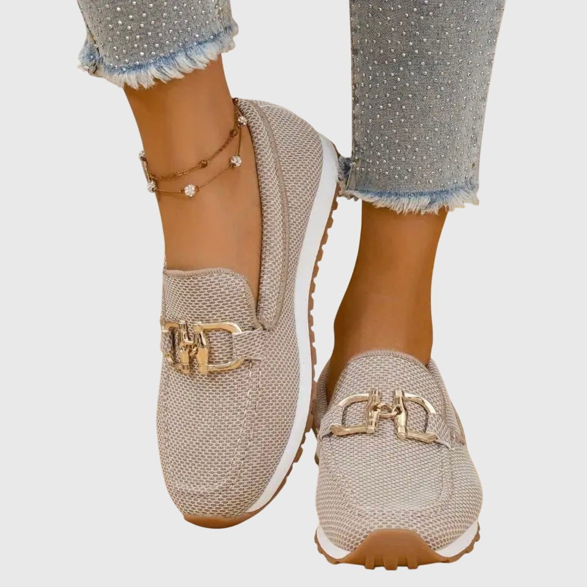 Beige loafers i let strik set forfra 5