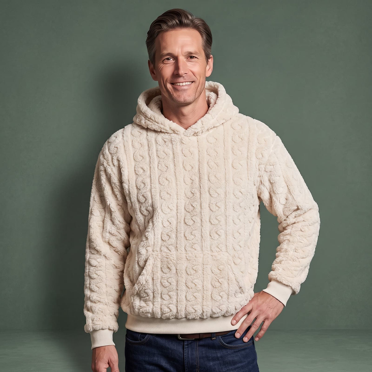 Hættetrøje Herre i Blød Teddyfleece med Kabelmønster, Snøre og Kængurulomme