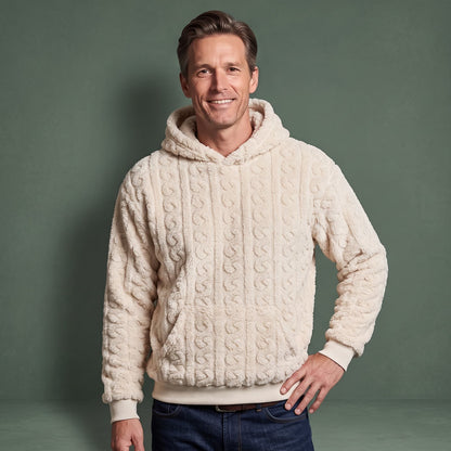 Hættetrøje Herre i Blød Teddyfleece med Kabelmønster, Snøre og Kængurulomme