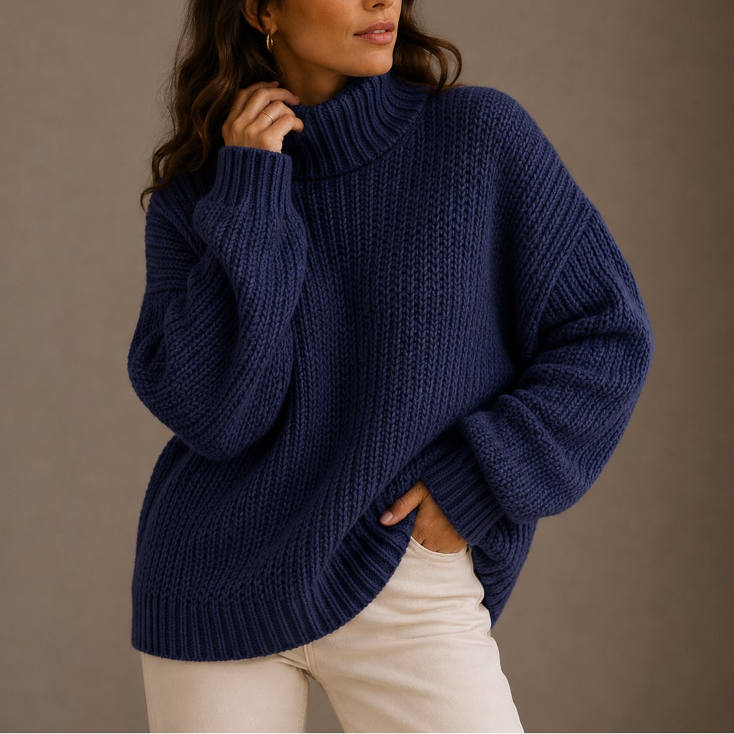 Rullekravetrøje Dame, Oversized Grovstrik med Lave Skuldre 7
