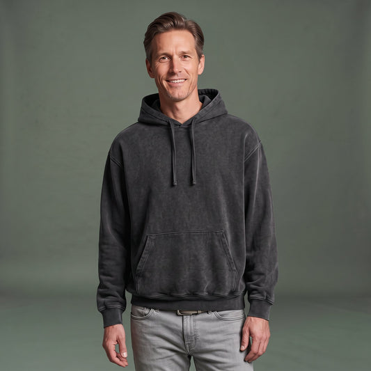 Oversized Hoodie Herre, Hættetrøje i Vasket Look med Kængurulomme