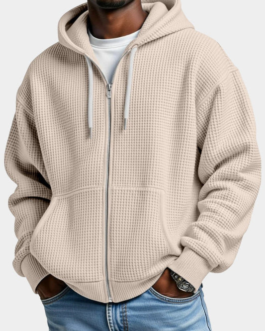 Oversized Hoodie met Rits voor Heren in Wafelbreisel met Kangoeroezak