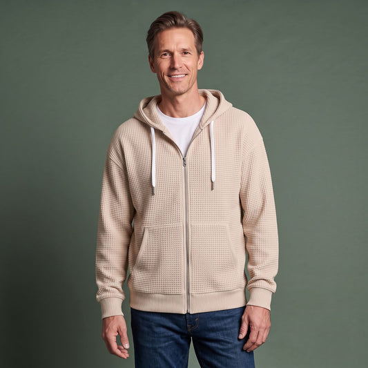 Oversized Hoodie med Lynlås til Herre i Vaffelstrik med Kængurulomme