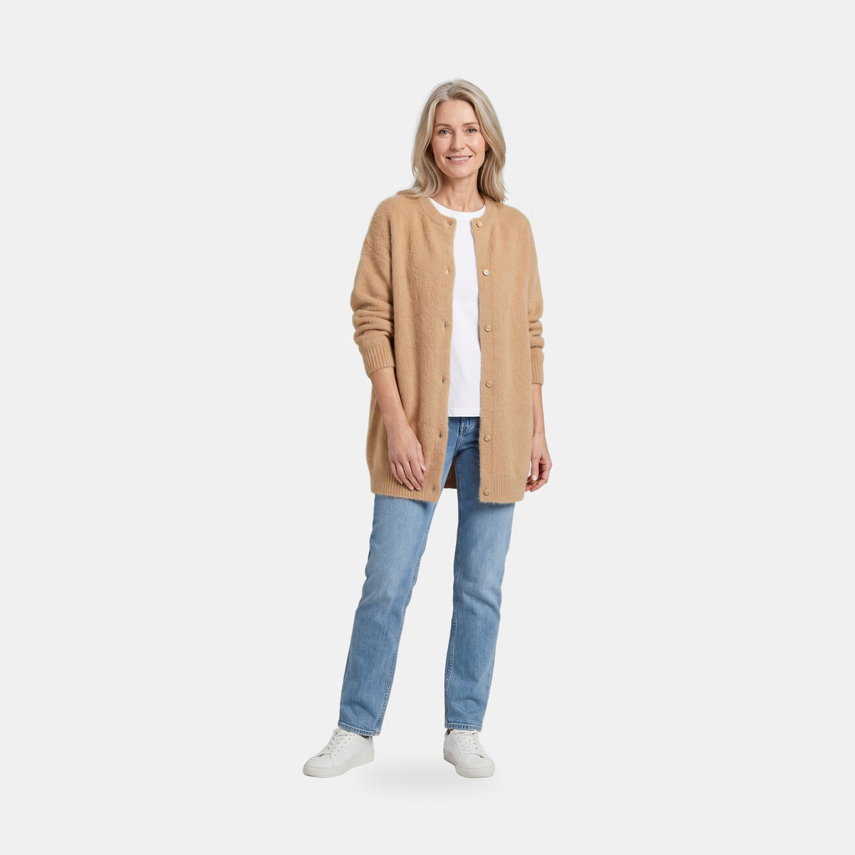 Lang Cardigan Dame, Oversized Cardigan med Rund Hals 1