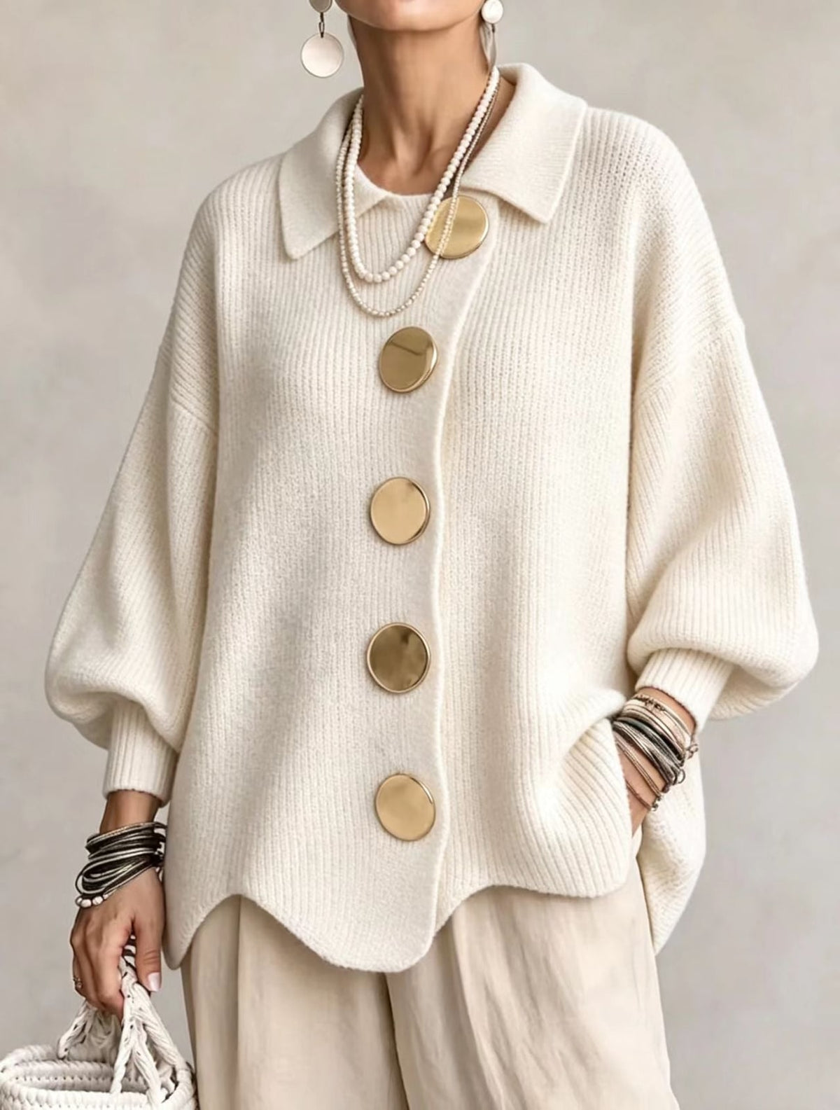 Oversized Vest voor Dames met Ballonmouwen en Gouden Knopen 9