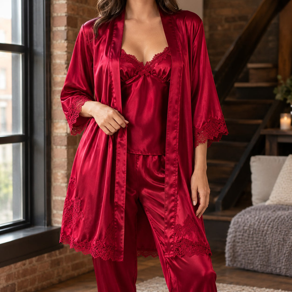 Rød satin pyjamas med blondetop, bukser og lang morgenkåbe