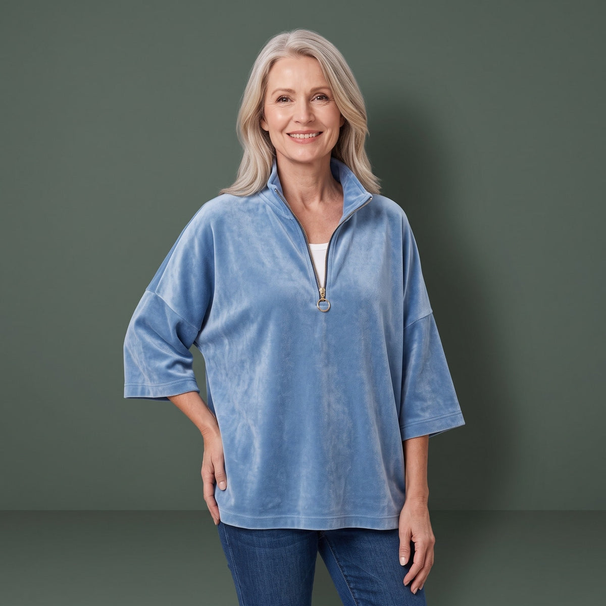 Quarter Zip Sweater Dame i Velour med Trekvartærmer 1