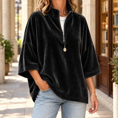 Quarter Zip Sweater Dame i Velour med Trekvartærmer 3