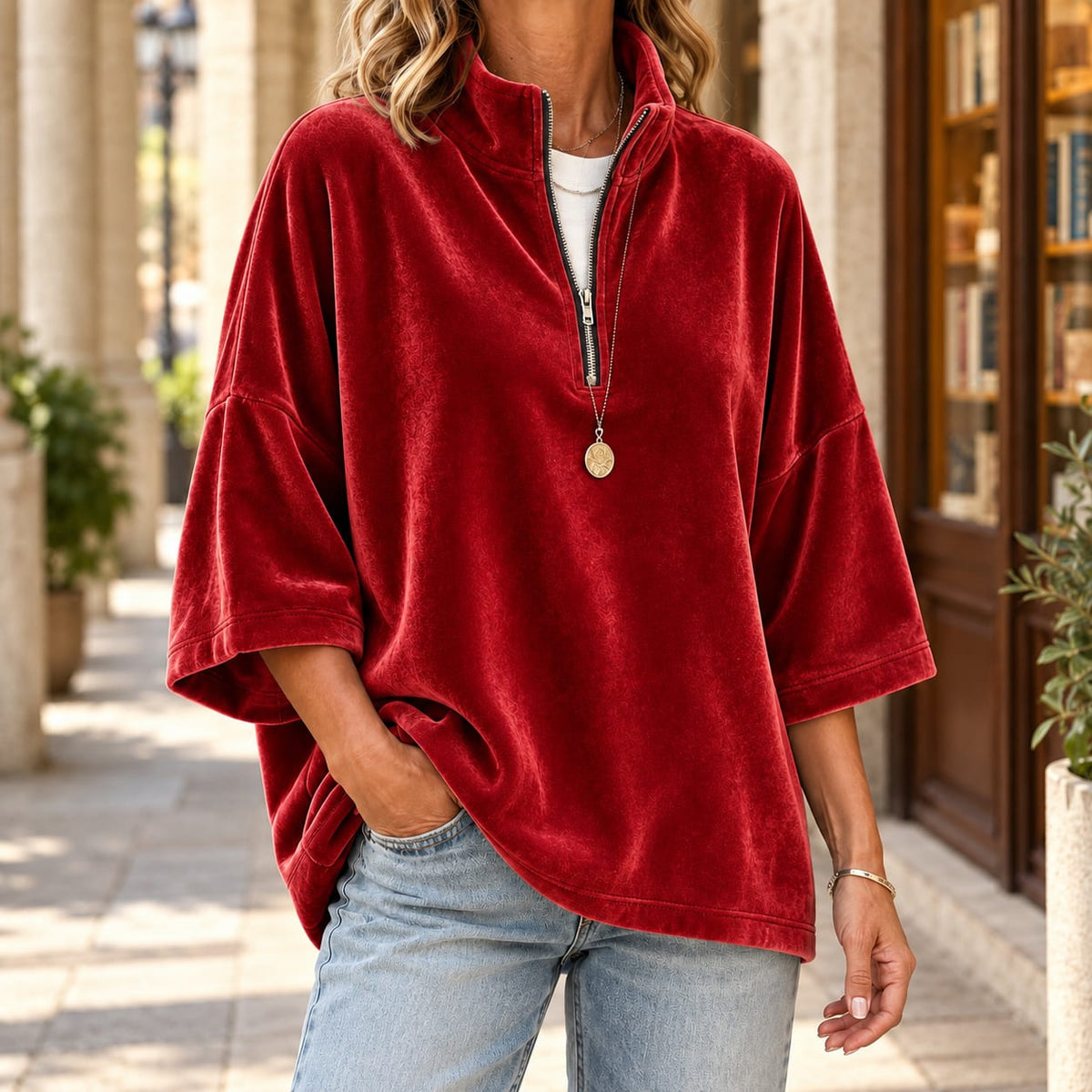 Quarter Zip Sweater Dame i Velour med Trekvartærmer 5