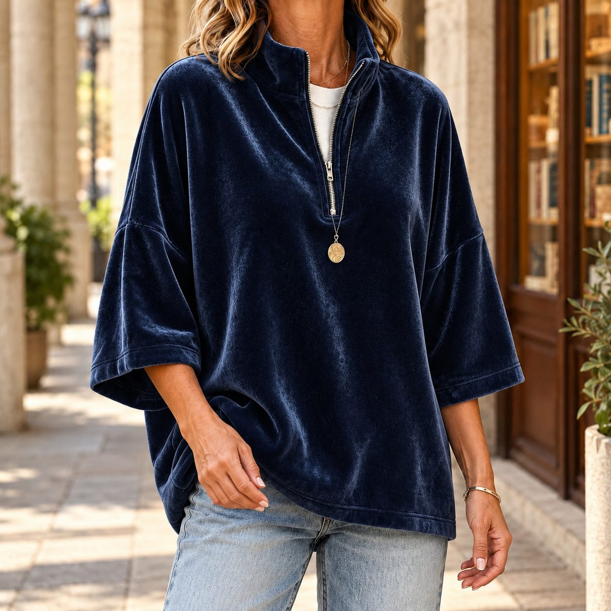 Quarter Zip Sweater Dame i Velour med Trekvartærmer 6