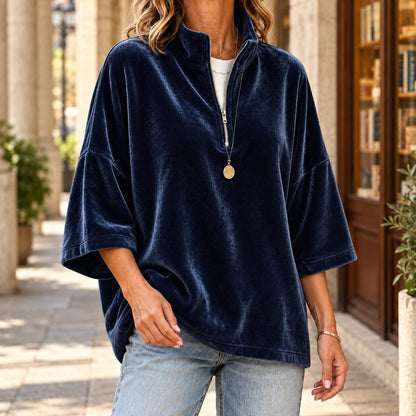 Quarter Zip Sweater Dame i Velour med Trekvartærmer 6