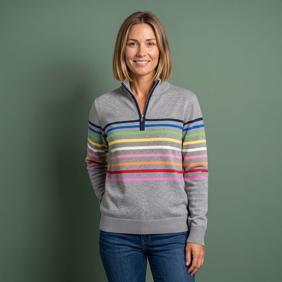 Quarter Zip Sweater Dame med Farverige Striber og Høj Krave 1