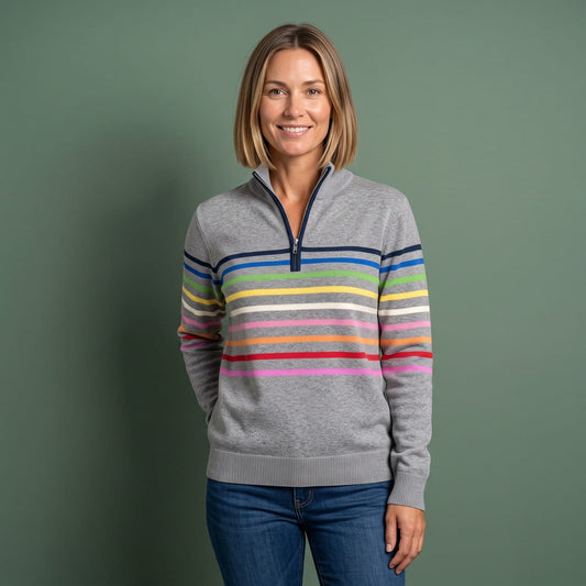Quarter Zip Sweater Dame med Farverige Striber og Høj Krave 1