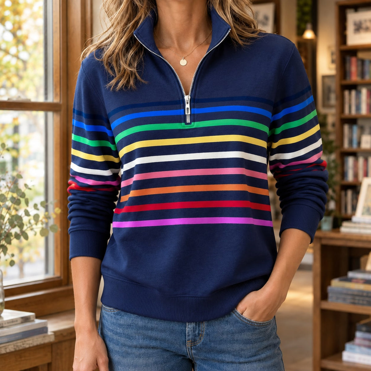 Quarter Zip Sweater Dame med Farverige Striber og Høj Krave 3