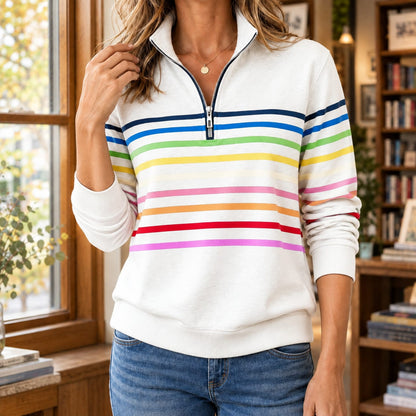 Quarter Zip Sweater Dame med Farverige Striber og Høj Krave 4