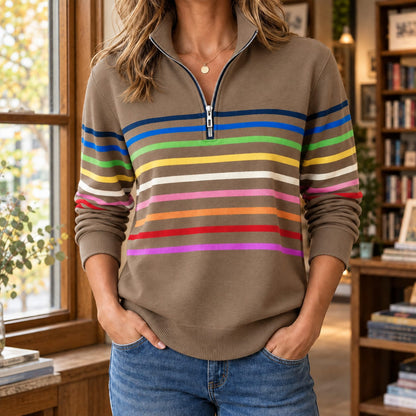 Quarter Zip Sweater Dame med Farverige Striber og Høj Krave 7
