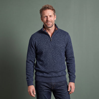 Quarter Zip Sweater Herre i Meleret Strik med Høj Krave og Ternet Kravefór