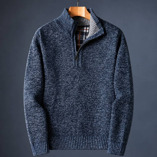 Quarter Zip Sweater Heren in Gemêleerd Breisel met Hoge Kraag en Geruite Kraagvoering