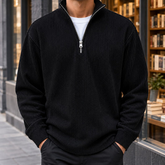 Quarter Zip Sweater Heren in Ribbreisel met Metalen Rits en Opstaande Kraag