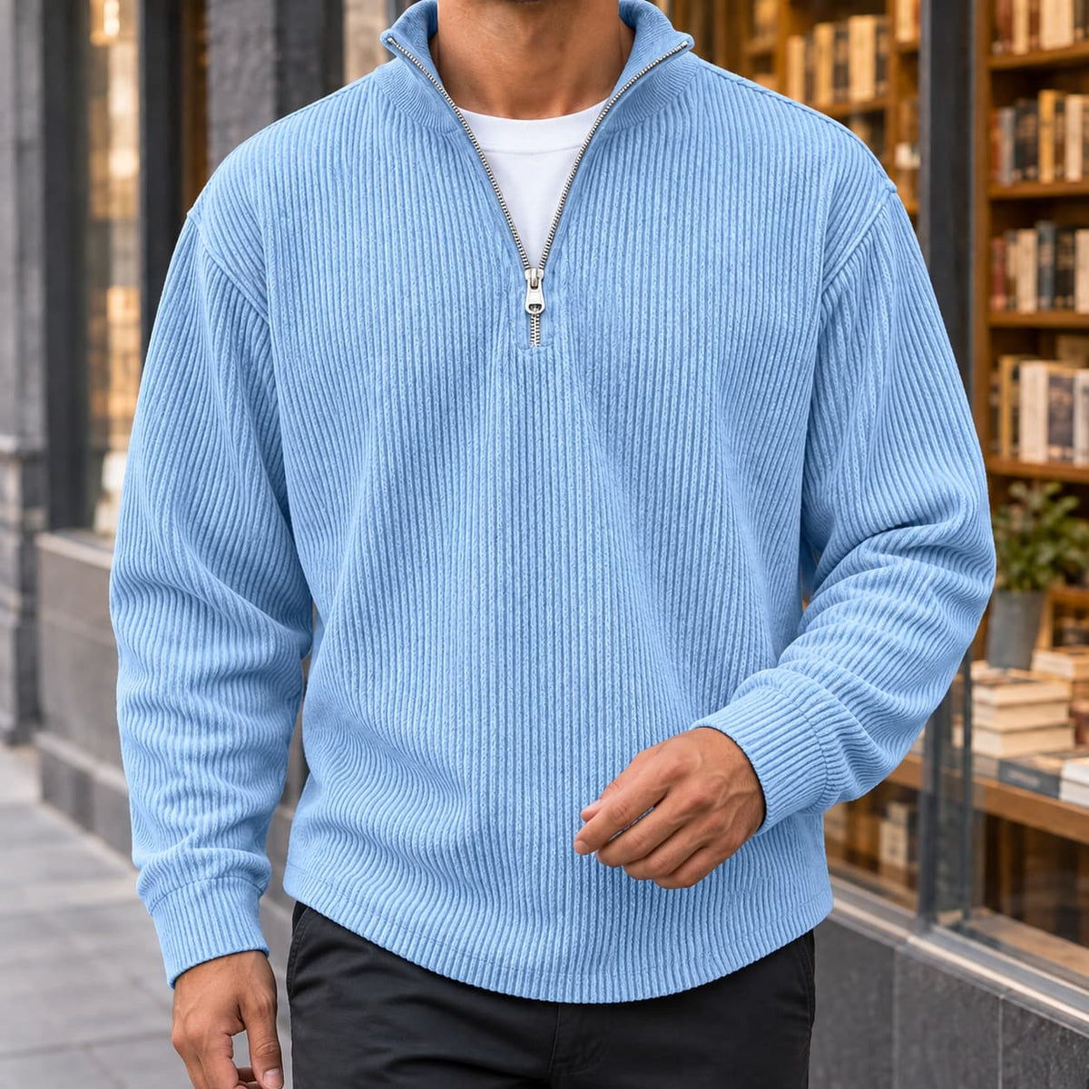 Quarter Zip Sweater Herre i Ribstrik med Opstående Krave 3