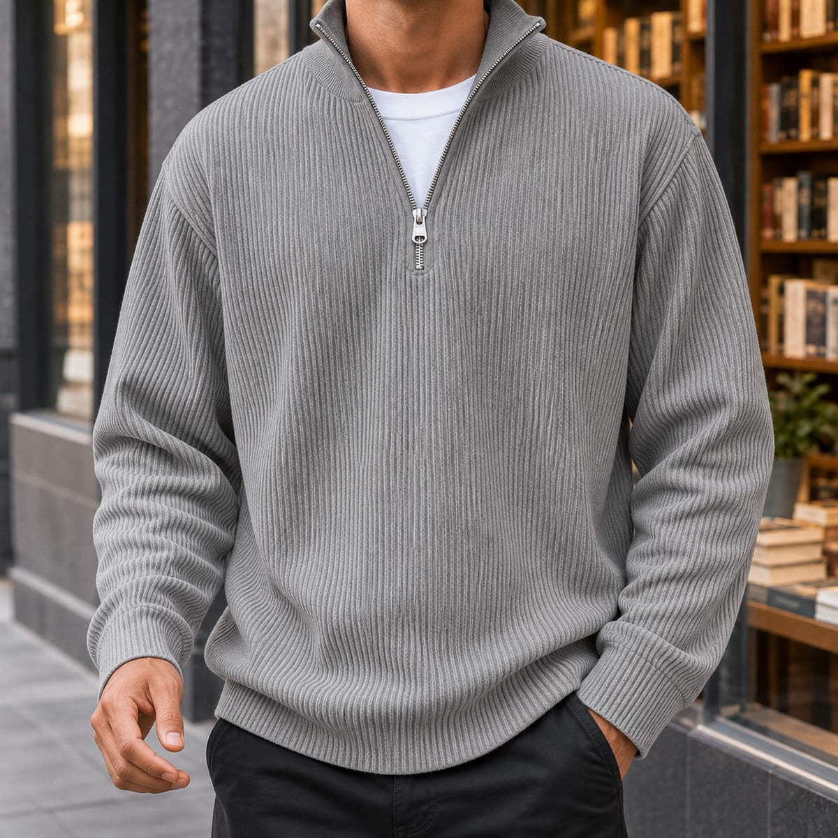 Quarter Zip Sweater Herre i Ribstrik med Opstående Krave 4
