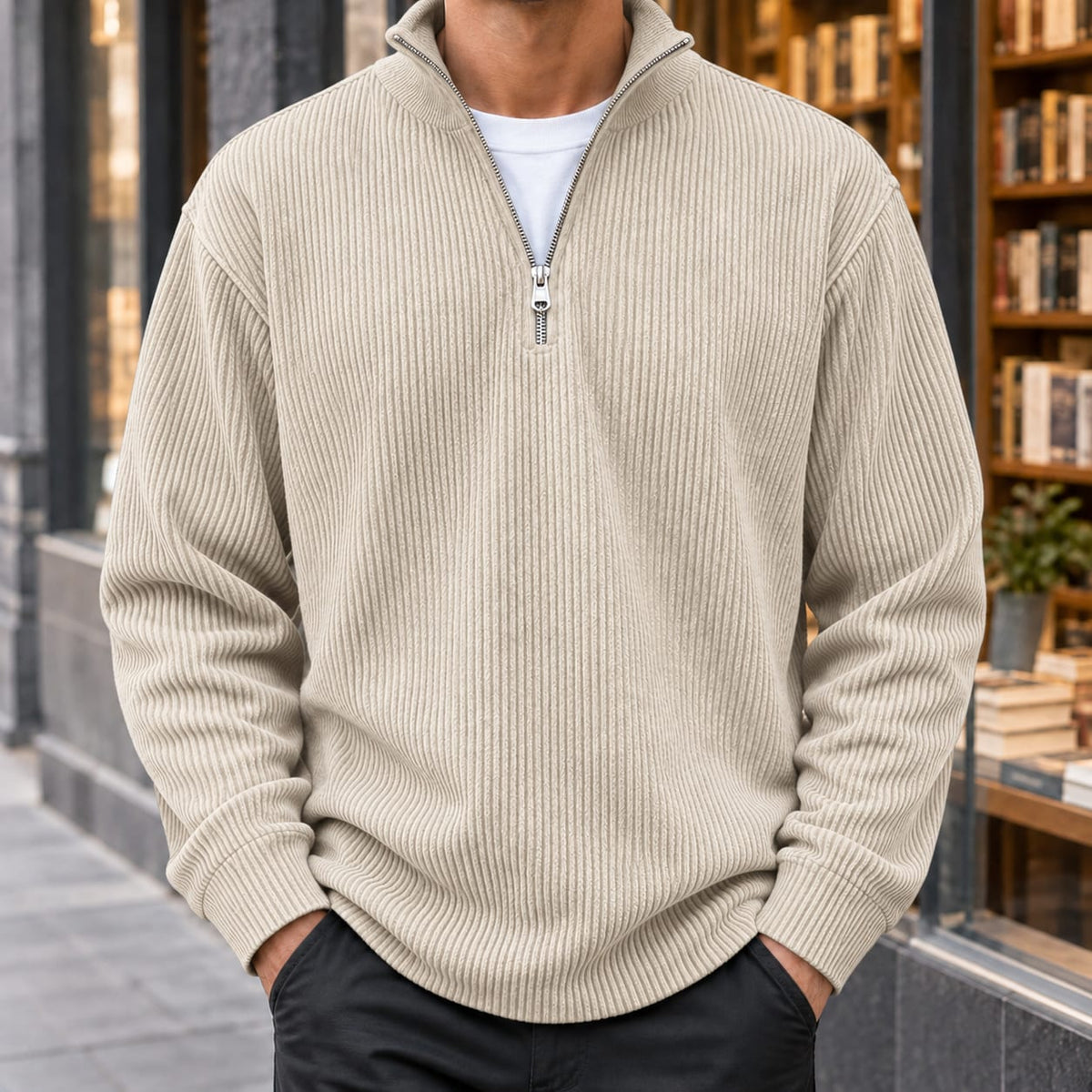 Quarter Zip Sweater Herre i Ribstrik med Opstående Krave 5
