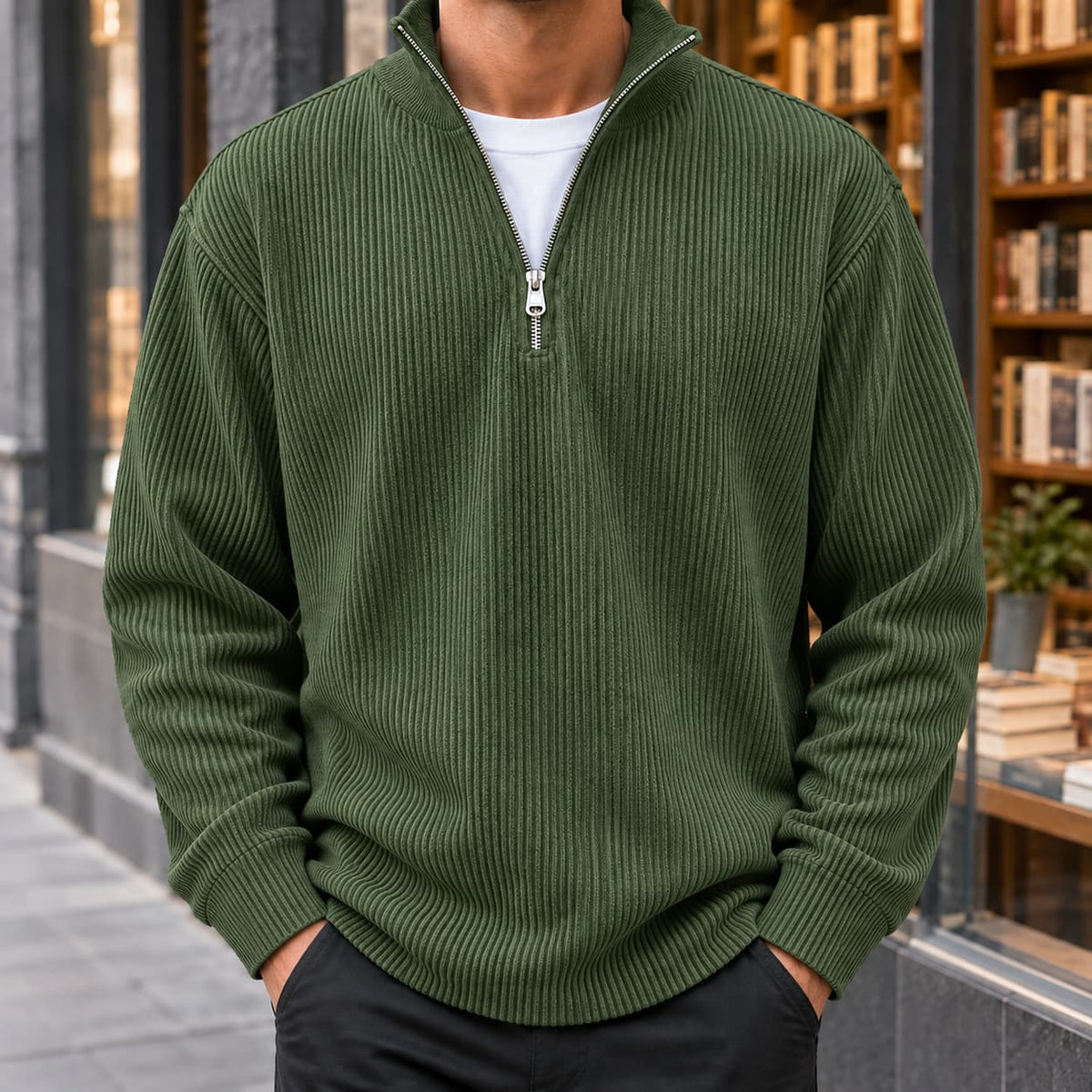 Quarter Zip Sweater Herre i Ribstrik med Opstående Krave 6