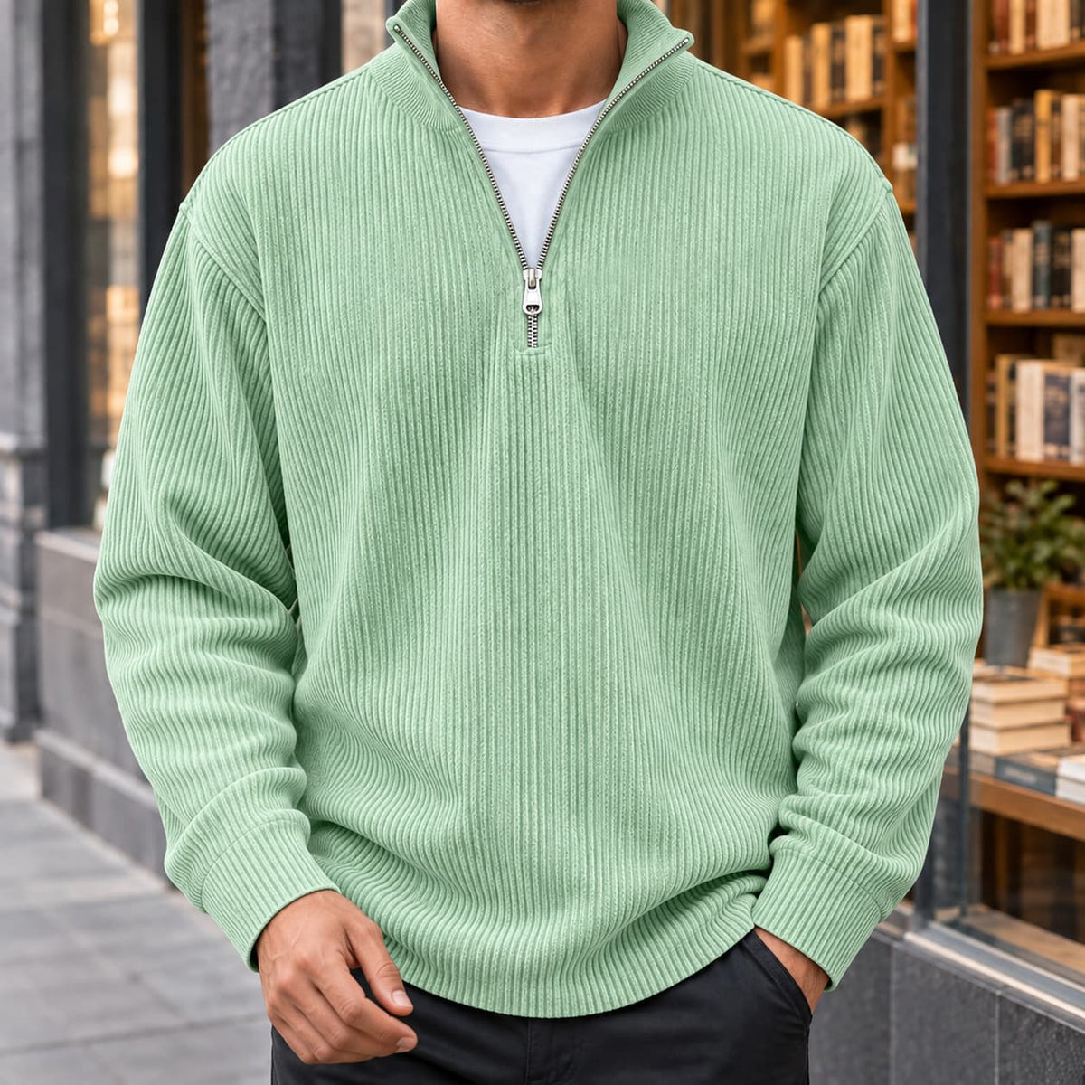 Quarter Zip Sweater Herre i Ribstrik med Opstående Krave 7