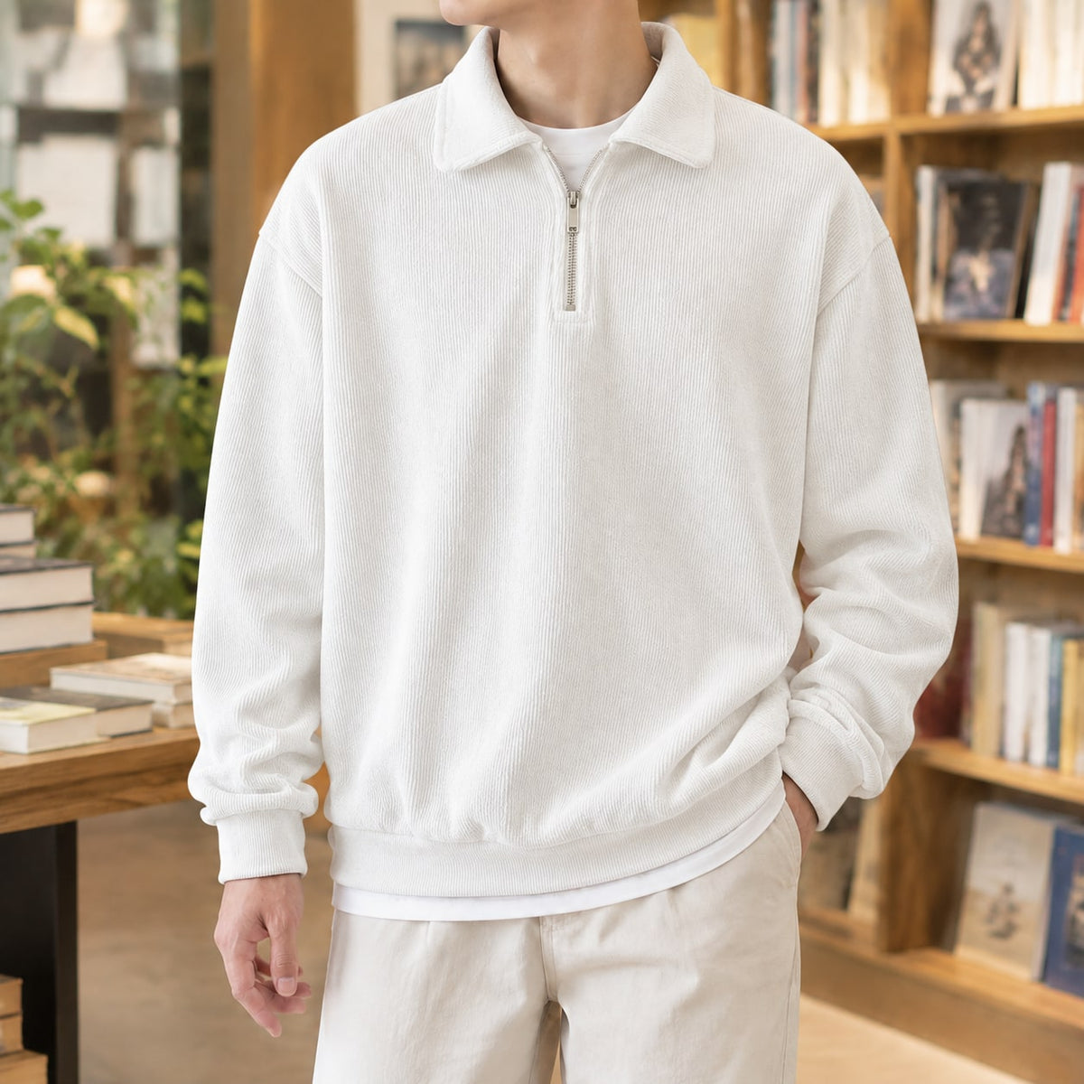 Quarter Zip Sweater Herre med Polokrave og Kort Lynlås 3