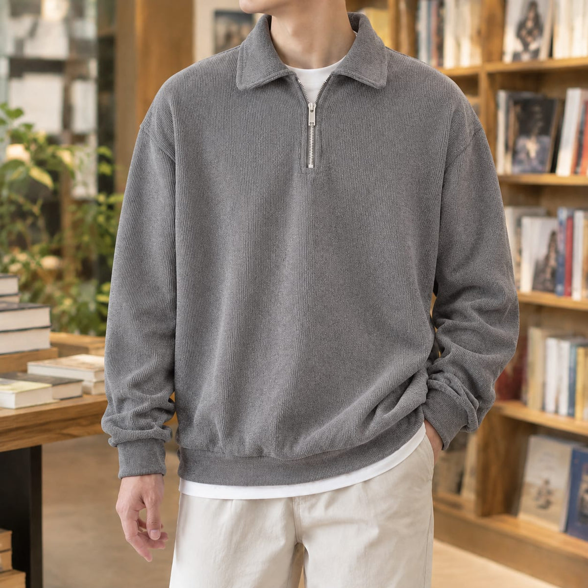 Quarter Zip Sweater Herre med Polokrave og Kort Lynlås 4